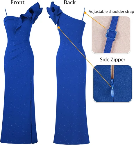 Miniatura 5 de VFSHOW Vestido largo con volantes y tirantes para mujer, fruncido, formal, para graduación, boda, cuello en V, elegante, dividido, cóctel, noche