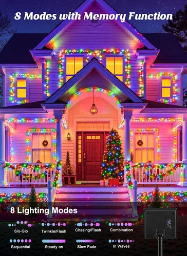 Miniatura 3 de Brightown - Paquete de 2 luces solares de Navidad en tira para exteriores, total 44 metros, 400 LED, luces de hadas parpadeantes impermeables con 8