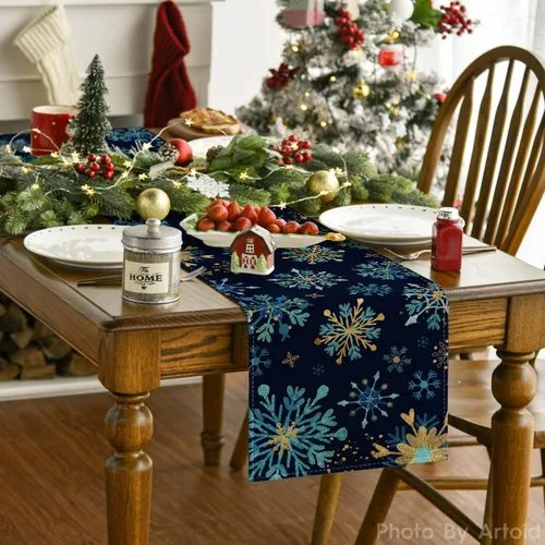 Miniatura 2 de Artoid Mode Camino de mesa hexagonal con copos de nieve azules de invierno, decoración de mesa de cocina para Navidad, para fiestas en el hogar al
