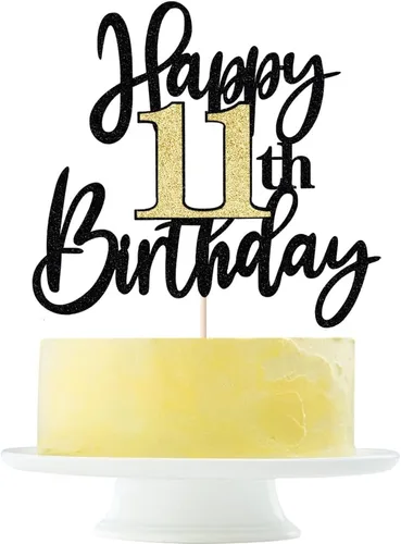 Decoración para tartas de cumpleaños número 11 con purpurina negra y dorada, decoración de pastel de cumpleaños de 11 años y fabuloso cumpleaños,