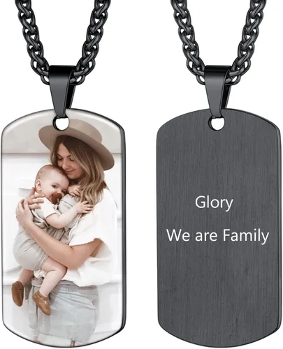 U7 Collar con foto personalizado para hombres y mujeres, acero inoxidable, color negro dorado, etiqueta de perro texto personalizado grabado con