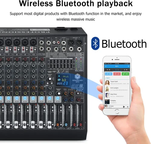 Miniatura 4 de W IN-MIX DX12 Mezclador de Audio Profesional DJ de 12 Canales con 99 Efectos DSP, EQ de 7 Bandas, Alimentación Fantasma Independiente de 48V y Botón