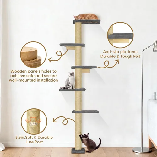 Miniatura 4 de PAWSCRAT Árbol para gatos montado en la pared, torre para gatos de piso a techo de 5 niveles, poste rascador para gatos montado en la pared de 80