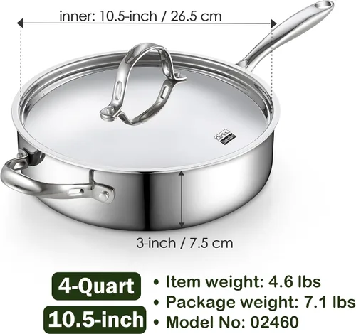 Miniatura 2 de Cooks Standard Sartén profunda, cubierta, de acero inoxidable revestido en múltiples capas, 5 cuartos de galón, 11 pulgadas., Acero inoxidable
