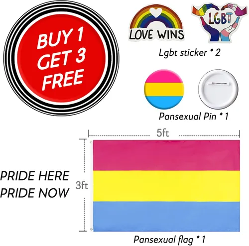 Miniatura 2 de Bandera pansexual – Cosas de orgullo Lgbtq para pared, cuatro filas de costuras, con 1 pin pansexual y 2 calcomanías de arcoíris aleatorias