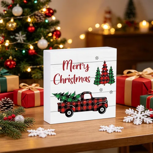 Miniatura 5 de Decoraciones navideñas para interiores, decoración de Navidad, mesa, hogar, habitación, camión, oficina, baño, caja de madera, letrero de madera