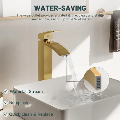 Miniatura 6 de Grifo de lavabo de vaso en oro cepillado, grifos de baño estilo cascada, grifos de baño de una sola manija y un solo agujero de boquilla alta