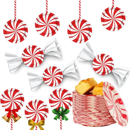 Miniatura 23 de 80 piezas de platos de papel de Navidad de menta de 7 pulgadas, platos desechables de postre de Navidad, dulce de menta, feliz año nuevo