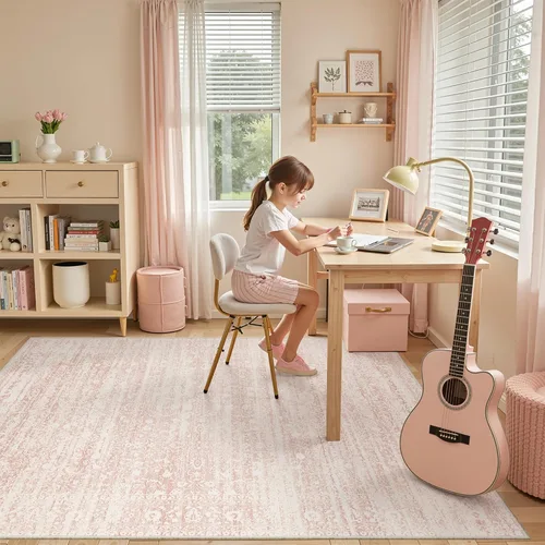 Miniatura 2 de Soalmost Alfombras de área rosadas de 5 x 7 pies para guardería, alfombras lavables vintage con estampado floral antideslizante de pelo bajo