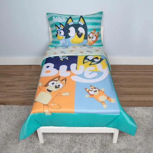 Bluey Juego de ropa de cama de 4 piezas para niños pequeños, incluye edredón, juego de sábanas, sábana bajera reversible para niños o niñas, color
