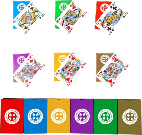 TSB Paquete de 12 cartas de puente de impresión estándar, 6 colores, fácil almacenamiento (2 rojas, 2, azules, 2, moradas, 2, grises, 2 verdes, 2