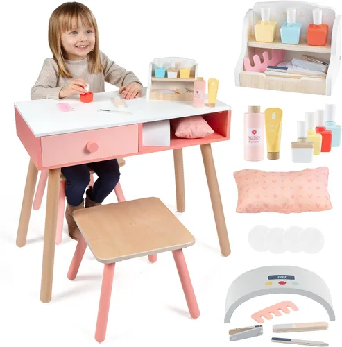 Miniatura 9 de Juego de madera para salón de uñas de simulación, juego completo Glam & Glow incluye esmaltes de uñas, organizador de belleza, lima, silla secadora
