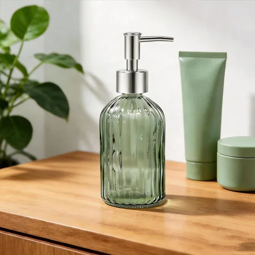 Miniatura 4 de Dispensador de jabón de vidrio verde para baño y cocina, dispensador de jabón líquido recargable de manos de 14 onzas con bomba de plástico