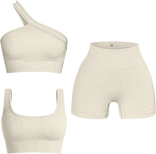 OQQ Conjunto activo de 3 piezas para mujer, acanalado, sin costuras, cuello redondo, brasier deportivo de un hombro, pantalones cortos de cintura