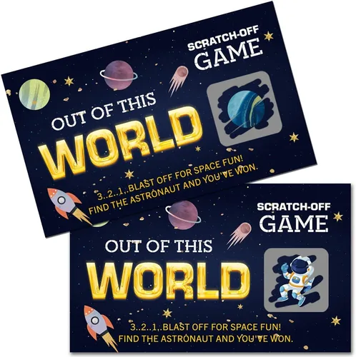 Miniatura 2 de Haizct 50 tarjetas para raspar fuera del mundo, juego de rascar espacial para fiesta de cumpleaños, decoraciones de baby shower, rafa de cohete