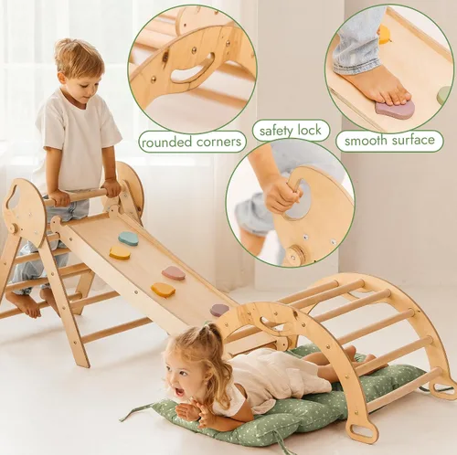 Miniatura 5 de Goodevas Juego de juguetes de escalada 5 en 1 para niños pequeños, triángulo de Pikler, arco de escalada, cojín de equilibrio, gimnasio de escalada