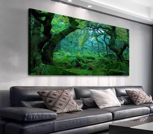 Lienzo de bosque verde para pared, decoración de sala de estar, árboles grandes, imagen de naturaleza, lienzo moderno y grande, arte de madera