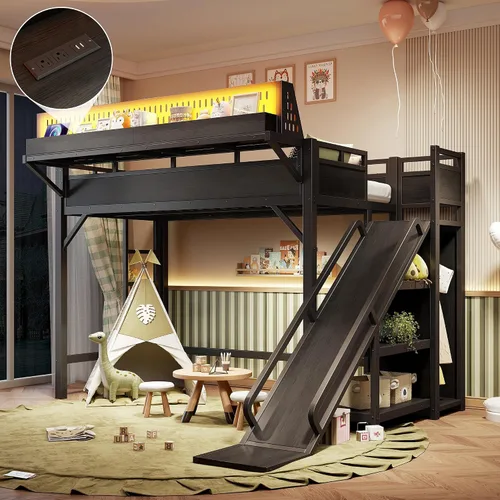Miniatura 17 de Cama tipo loft de tamaño matrimonial con escaleras de almacenamiento integradas, armario, marco de cama alta de metal con barandilla lateral