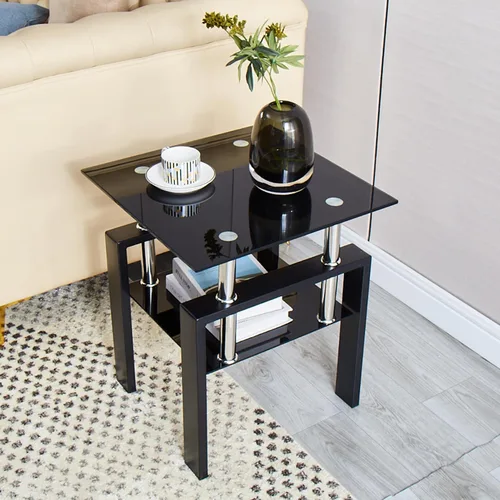 Miniatura 7 de Juego de 3 mesas de café de cristal, modernas mesas negras para sala de estar, mesas auxiliares y auxiliares, juego de mesa auxiliar de 3 piezas