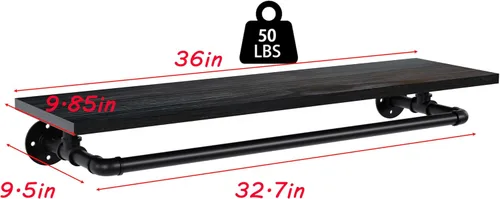 Miniatura 7 de Perchero negro de 36 pulgadas, perchero montado en la pared con estante de madera real negra, perchero colgante resistente, barra para colgar