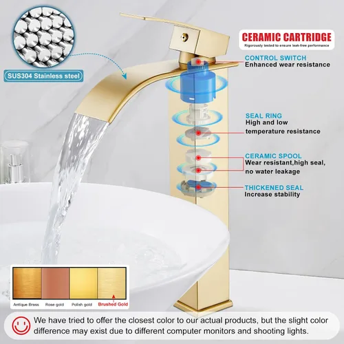 Miniatura 8 de Midanya Grifos altos para lavabo en cascada, lavabo de baño con una sola manija, 1 agujero, moderno, con mangueras de drenaje emergentes y Oro