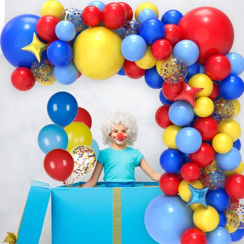 Miniatura 4 de JOYYPOP Kit de arco de globos de carnaval con 123 globos de confeti de látex de arcoíris rojo, azul, amarillo, para decoraciones de fiesta