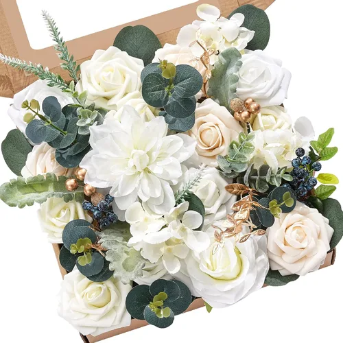 Serwalin 2 Piezas Flores Artificiales Blancas Rosas Falsas Flores de Espuma de Seda Juego de Caja para Manualidades DIY Ramos de Pastel de Boda Un