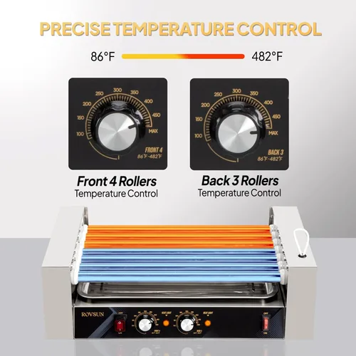 Miniatura 5 de 18 Hot Dog 7 Roller 1050W, máquina de cocina para perros calientes con iluminación LED, control de temperatura doble, cubierta, estante extraíble