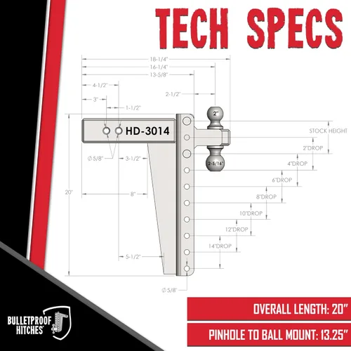 Miniatura 6 de BulletProof Hitches - Enganche de remolque resistente ajustable de 3.0 pulgadas (clasificación de 22,000 libras) - Enganche de remolque de caída
