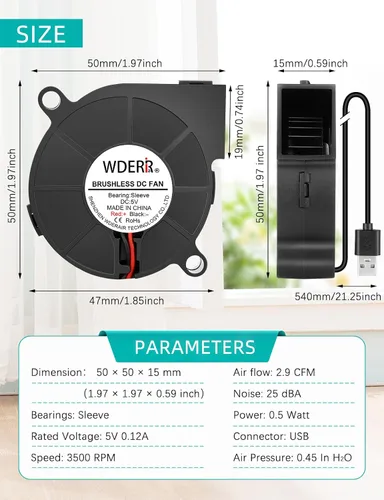 Miniatura 6 de Ventilador centrífugo de turbina de 1.969 in x 0.591 in Mini USB 5V Ventilador sin escobillas 5015 para impresora 3D, casco, enfriador de proyectos