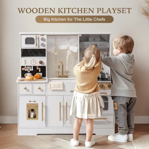 Miniatura 2 de ROBUD Juego de cocina de madera para niños, cocina de juguete de simulación con máquina de hielo, máquina de café, horno, microondas, gabinete