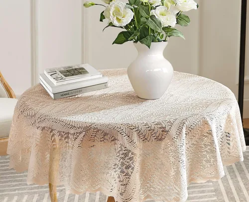 Warm Home Designs Mantel de encaje dorado de lino, mantel redondo pequeño de 48 pulgadas de diámetro. Mantel floral, superposición rústica o mantel