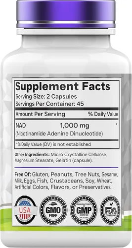 Miniatura 2 de tnvitamins Suplemento NAD+ de 1,000 mg por porción - 90 unidades Cápsulas NAD de alta potencia Dinucleótido de adenina de nicotinamida Apoyo
