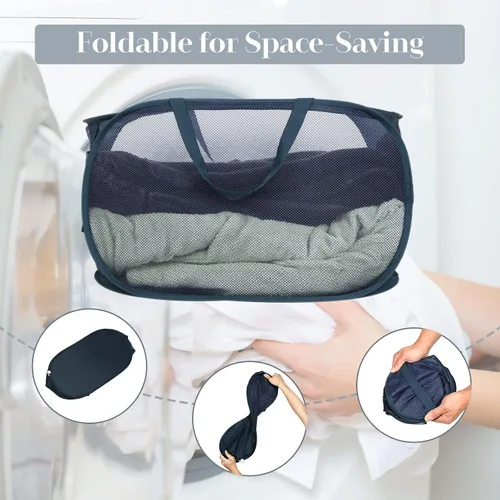 Miniatura 6 de Cestas de lavandería plegables duraderas, cesta de lavandería desplegable de malla con bolsillo lateral, cesta de ropa plegable con asas de 2 x azul