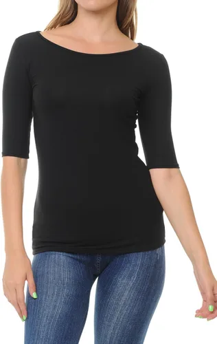 Miniatura 5 de SSOULM Camiseta básica elástica de manga 12 con cuello redondo y corte ajustado para mujer, talla grande