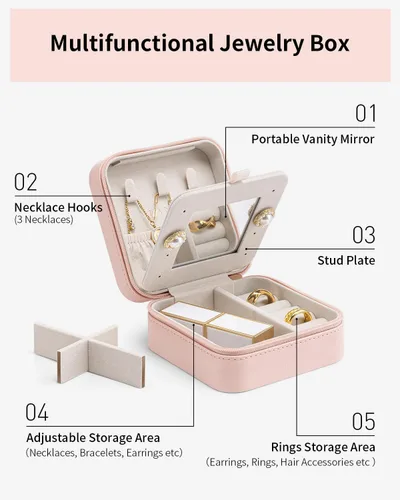 Miniatura 5 de Vlando Pequeño organizador de joyas de viaje, vitrina de joyería para niñas y mujeres, regalo de dama de honor, anillos, aretes, collares