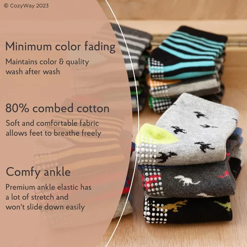 Miniatura 2 de CozyWay - Medias antideslizantes para niños con agarre, 12 pares de calcetines antideslizantes para niños y niñas de 1 a 9 años, Variados, 3-5T