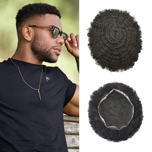 Miniatura 17 de Pelucas afro rizadas para hombre, con encaje francés, de 10 x 8 pulgadas, completamente transparente, de repuesto, sistema de cabello humano rizado