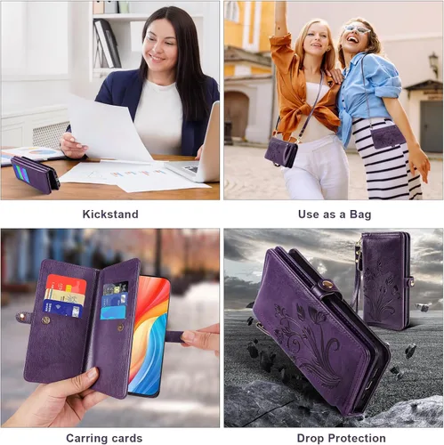 Miniatura 5 de Funda tipo cartera cruzada para Galaxy S24 Ultra, [protección contra escaneo de robo de tarjetas] tarjetero con cremallera y tapa de piel, soporte