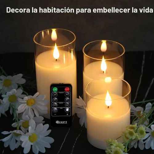 Miniatura 7 de LEDHOLYT Velas recargables de cristal sin llama, regalos para mujeres, juego de 3, luz LED parpadeante realista, control remoto y temporizador