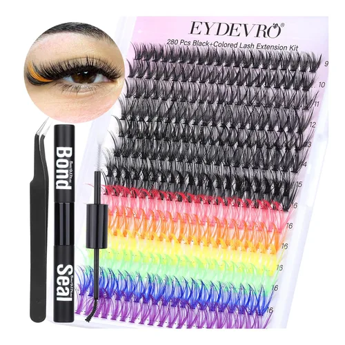 Kit de extensiones de pestañas de colores, kit de extensión de pestañas de 6 colores, pestañas individuales con unión y sello y pinzas de pestañas,