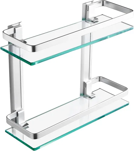 KES Estante de vidrio para baño de 2 niveles, almacenamiento de vidrio templado montado en la pared y aluminio plateado, A4126B