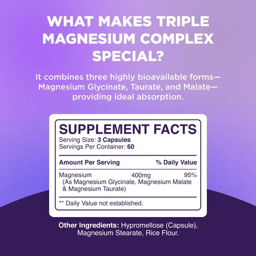 Miniatura 3 de Cápsulas de complejo de magnesio altamente potentes, mezcla de magnesio triple con taurato glicinato y malato, suplemento de 400 mg que apoya