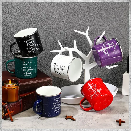 Miniatura 5 de Mifoci Tazas de café esmaltadas cristianas para el Día de la Madre, tazas de café inspiradoras con asa, versículo de la Biblia, tazas de campamento