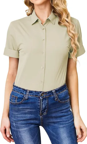 Miniatura 4 de Camisas con botones para mujer, sin arrugas, ajustadas, manga corta, formal, sólidas, blusas