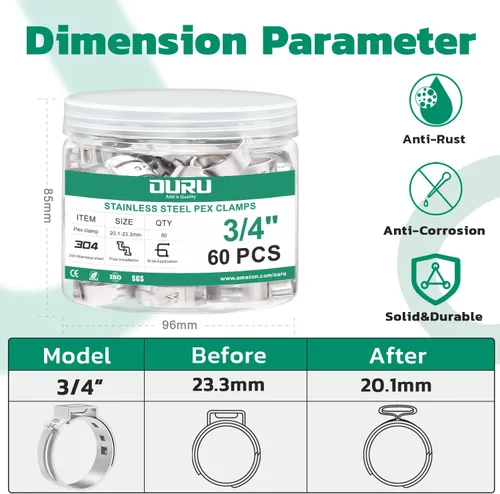 Miniatura 2 de OURU 60 PCS Anillos de Crimpado Pex de 3/4, Abrazaderas de Cincho Pex de Acero Inoxidable 304, Abrazaderas de Manguera de Oreja Única
