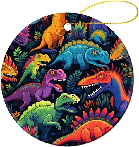 Miniatura 11 de Adorno colorido con patrón de dinosaurio de 3 pulgadas, adorno de Navidad de cerámica de 3 pulgadas, bonito adorno de Navidad de dibujos animados