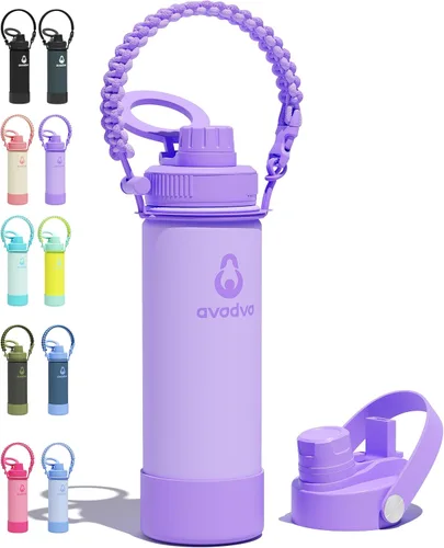 Miniatura 27 de Botella de agua aislada de 18 onzas con 2 tapas (tapa de popote y boquilla 2 en 1, tapa magnética), botella de agua delgada con correa, botella