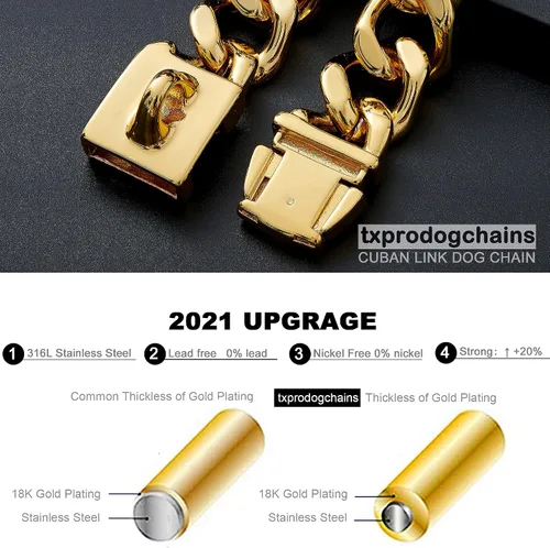 Miniatura 4 de txprodogchains Collar de cadena para perro grande con hebilla, resistente de 0.827 in de grosor, acero inoxidable, oro de 18 quilates, cadena