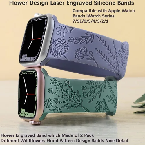 Miniatura 2 de Correa de silicona grabada con flores compatible con correas de Apple Watch de 1.496 pulgadas, 1.575 pulgadas, 1.614 pulgadas, bonita correa